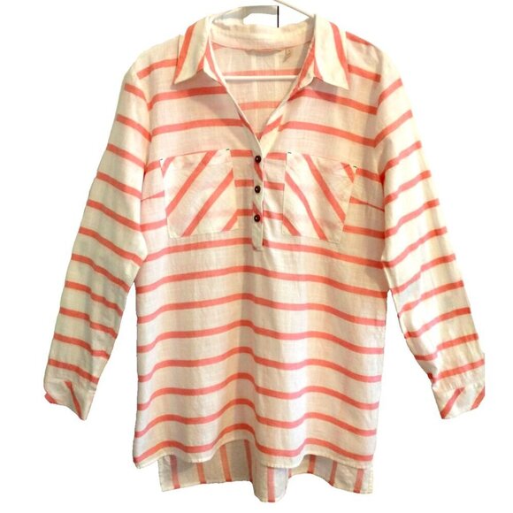 Soft Surroundings Half-Button Tunic Shirt Hi-Low Pockets Cotton Pink & White - L - Picture 1 of 8